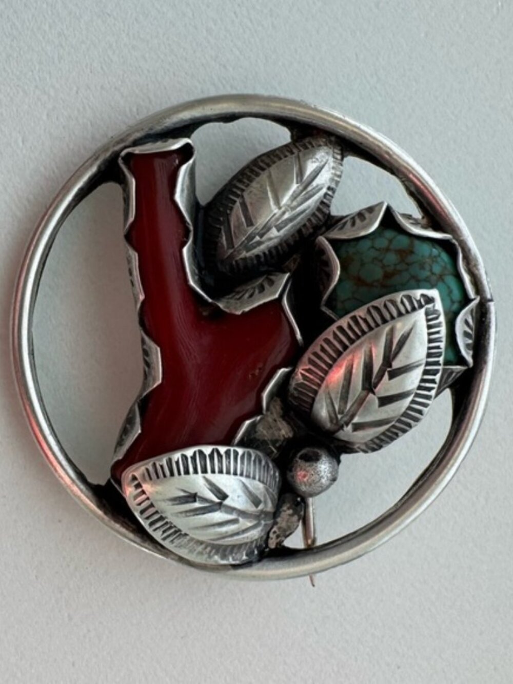 Vintage Sterling Silver Turquoise Coral Brooch Artisan Native Style Statement